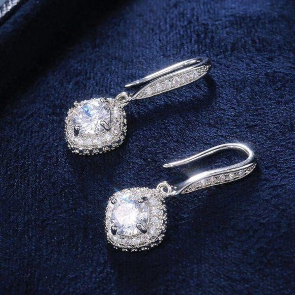 NEW 18K White Gold Cushion Diamond Halo Earrings - Picture 4 of 7